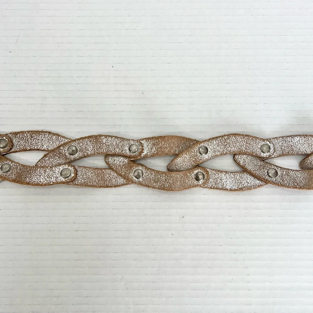 Metallic Distressed Leather Link O-Ring Braided Grommet Belt L Boho Y2K Festival